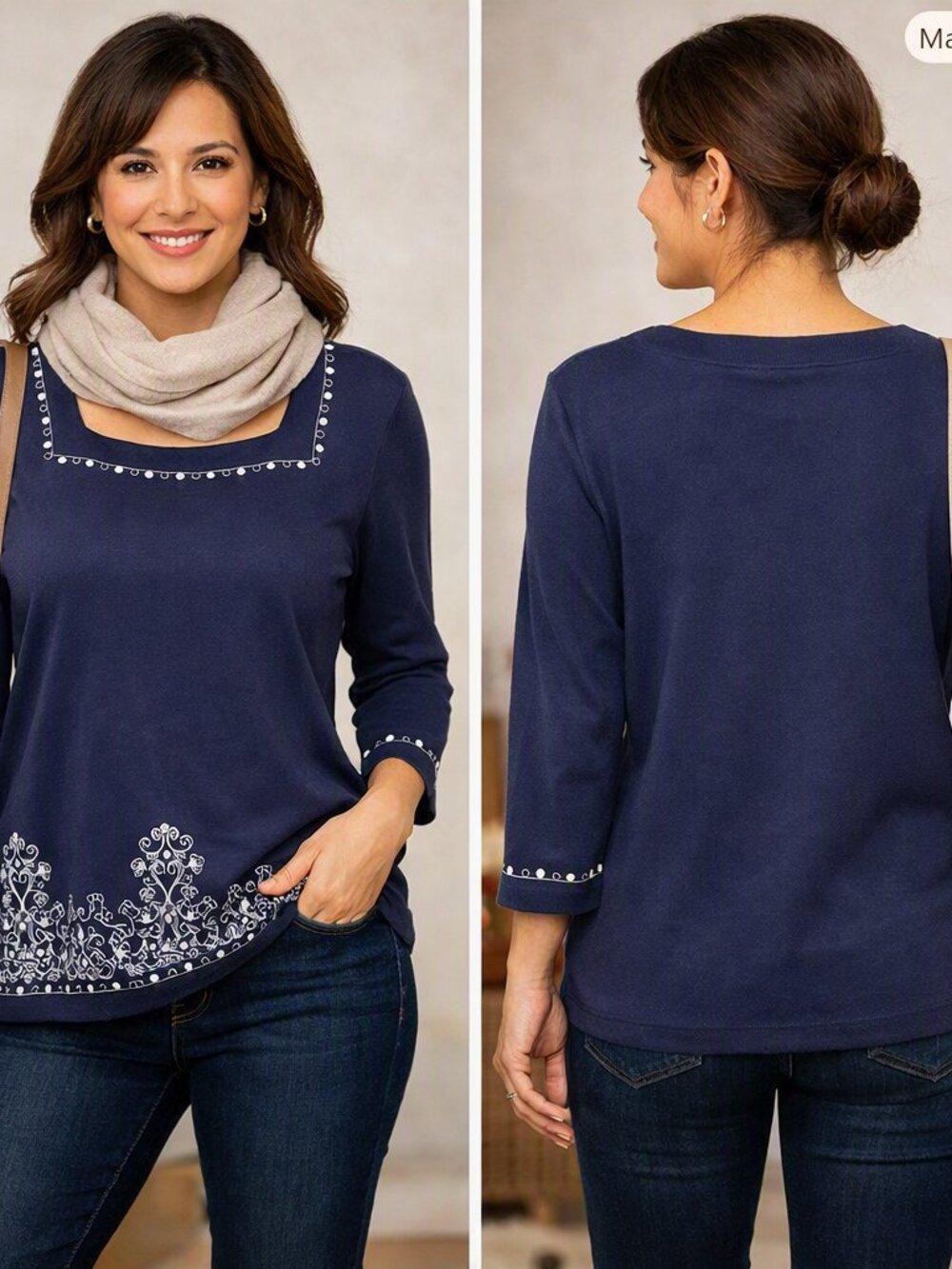 Alfred Dunner Square Neckline Navy Blue Top with Embroidered Detail Med Petite